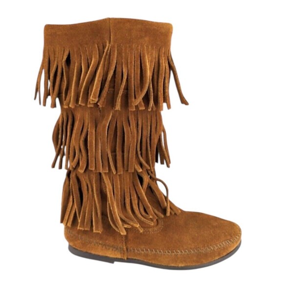 MINNETONKA Womens US 9 Moccasin Boots 1632 Brown Suede 3-Layer Fringe EUC - Picture 1 of 9